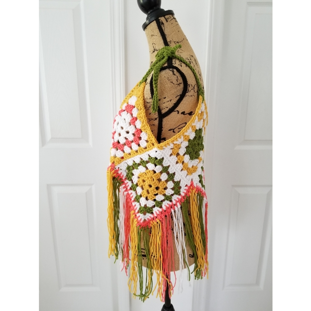 Fringed crop top granny squares boho hippie crochet Festival Party Funky - Picture 9 of 9
